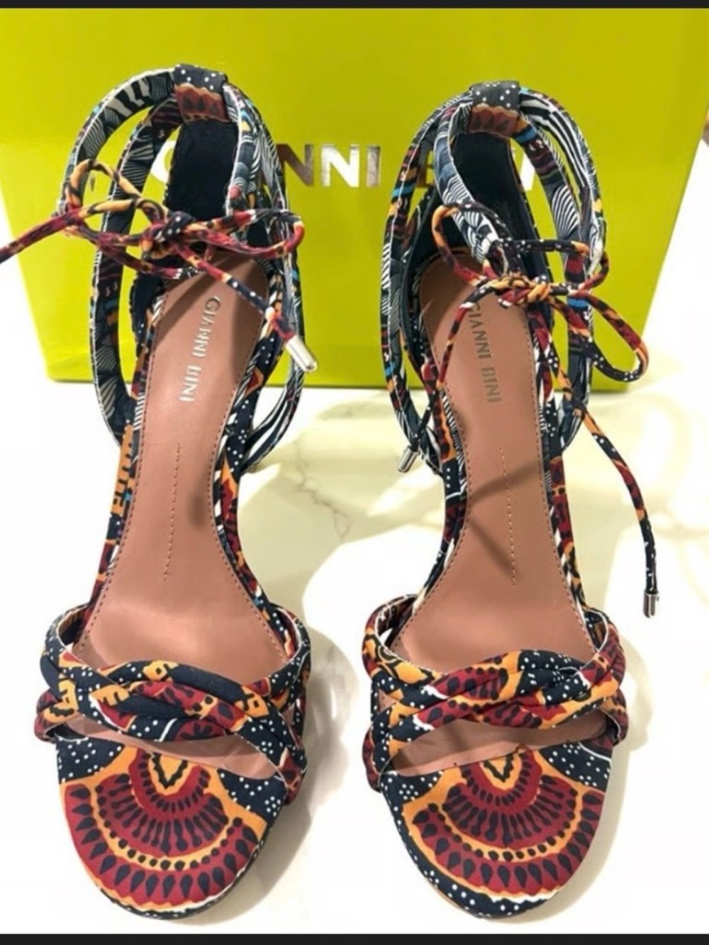 Gianni Bini Multicolor Patterned Ankle-Tie Heeled Sandals